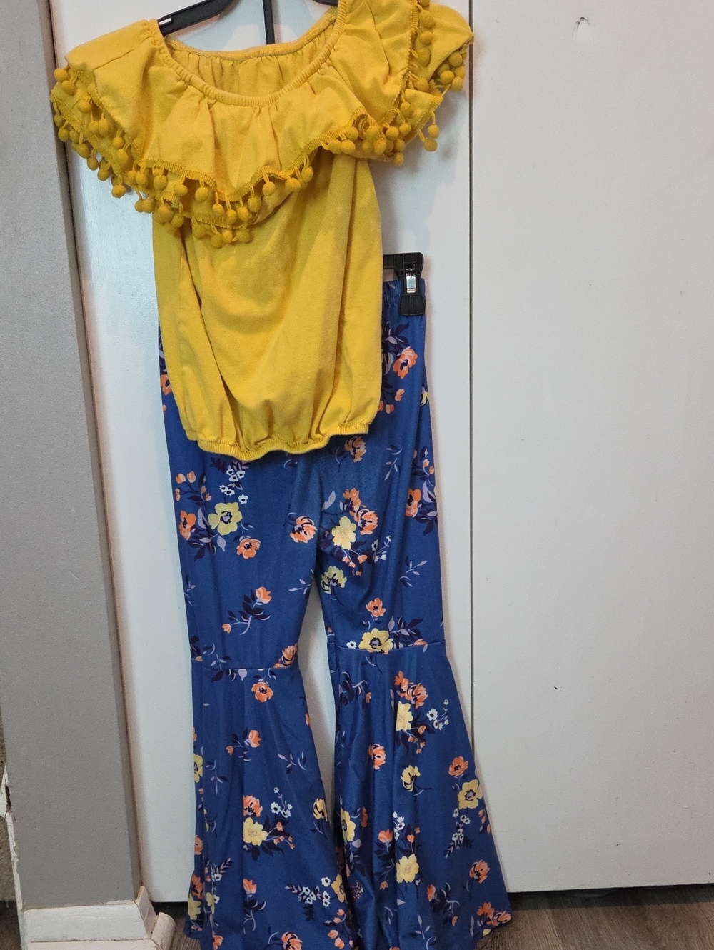 Girls Yellow Ruffle Top & Blue Floral Bell-Bottom Set